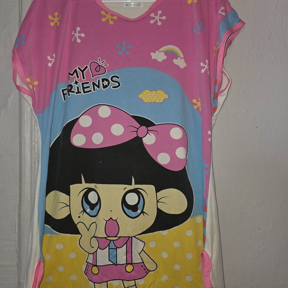 Playful Cartoon Print Pajama Dress - Pink, Blue, and Yellow